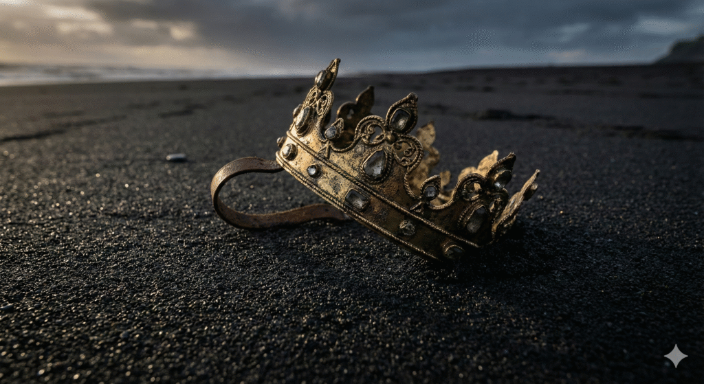 A golden crown lying abandoned on black sand, symbolizing the loss of masculine authority and the failure of the Nice Guy strategy.